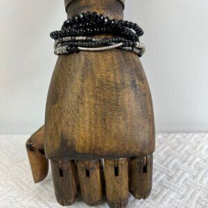 Vintage Lot Black Silver Tone Beaded Layered Statement Bracelets Boho Grunge